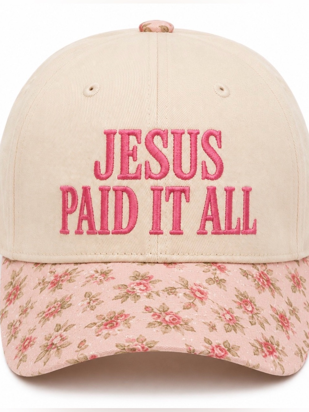 “Jesus Paid it All” All Embroidered Trucker Hat | Pink Ditsy Floral Faith Cap
